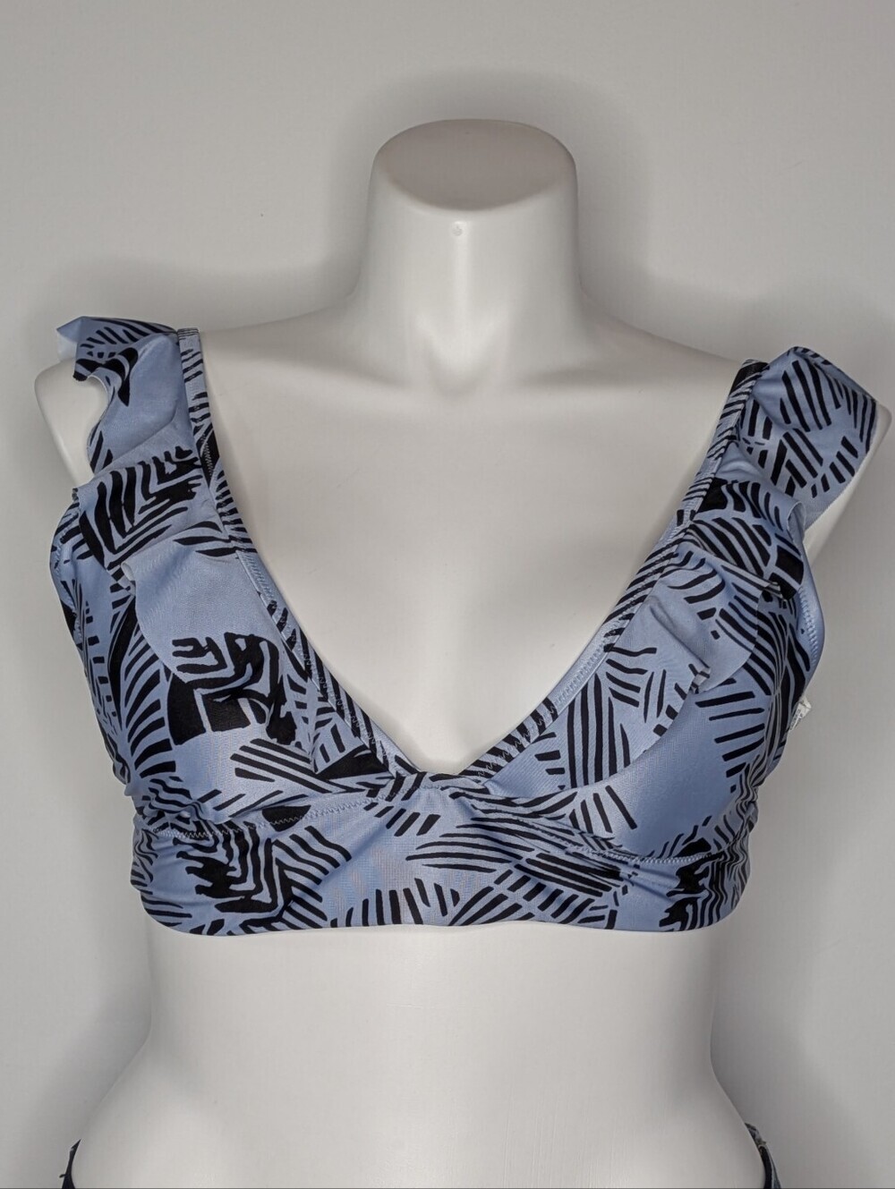 Aerie Blue Black Abstract Ruffle Triangle Padded Bikini Top XXL